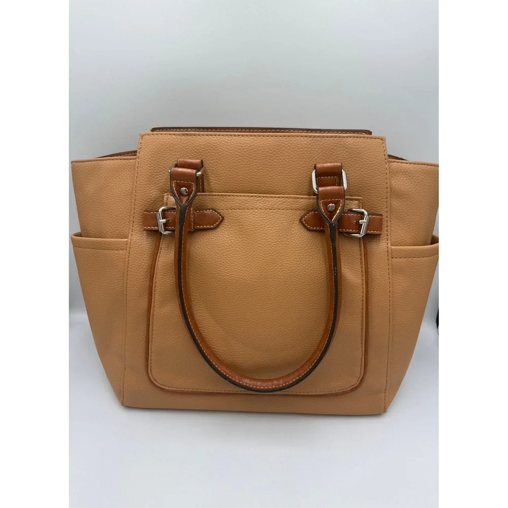 Coldwater Creek Tote Bag Faux Leather Large Tan Cognac Silver Hardware NWOT